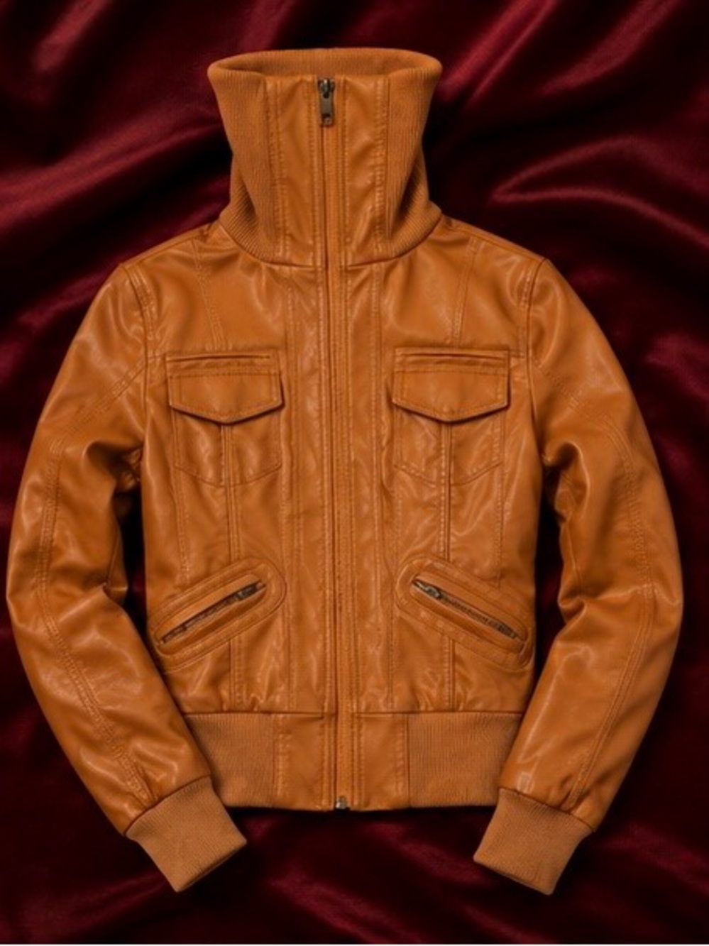 Zenana Outfitters Tan Leather-Look Bomber Jacket